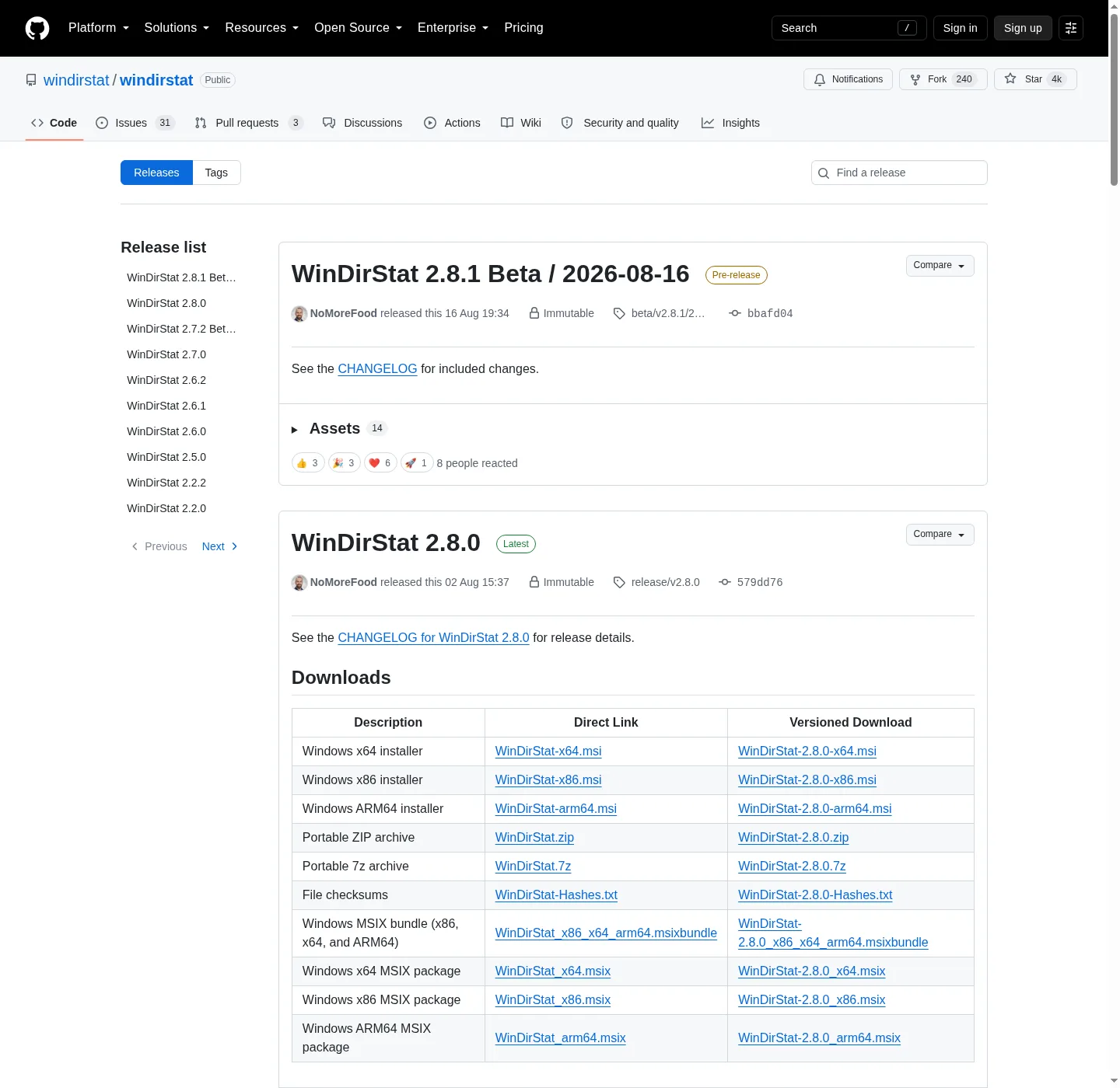 GitHub Releases page for windirstat/windirstat showing the Releases tab, a Latest badge, a left-hand release list, and a Downloads table of Windows MSI installers, portable zip and 7z archives, and MSIX packages.