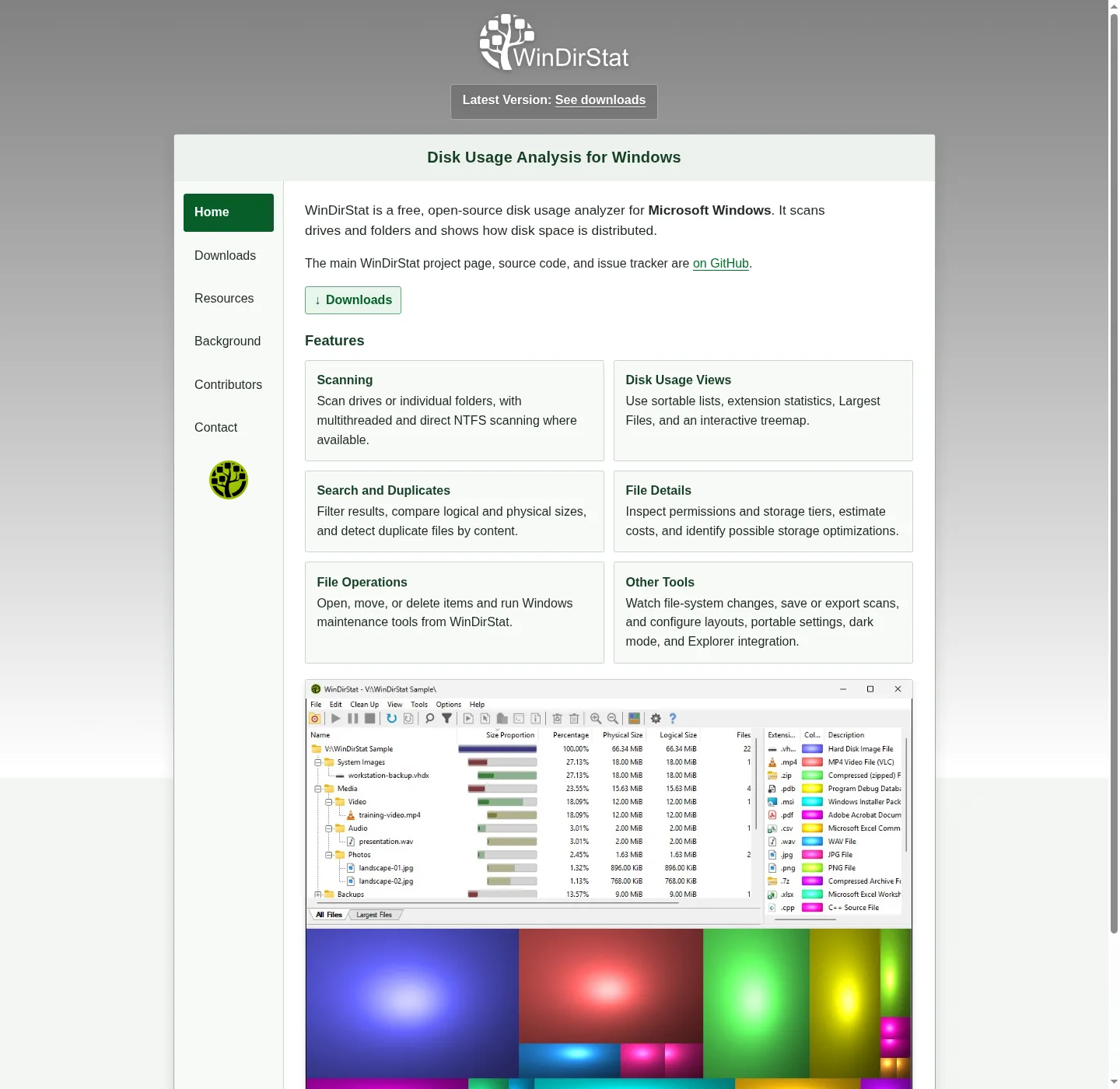 Official windirstat.net homepage with a Downloads button, feature cards naming the interactive treemap, and the product screenshot of the disk usage treemap below.